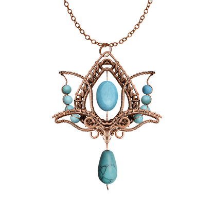 Filofly Handmade Turquoise Lotus Pendant Copper Rose Silver Wire Weaving and Wrapped Jewelry Natural Stone with 18 Necklace for women gift