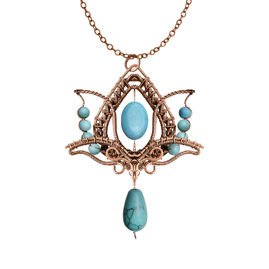 Filofly Handmade Turquoise Lotus Pendant Copper Rose Silver Wire Weaving and Wrapped Jewelry Natural Stone with 18 Necklace for women gift