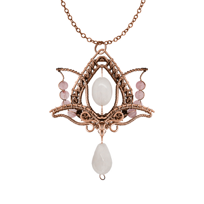 Filofly Handmade Rose Quartz Lotus Pendant Copper Rose Silver Wire Weaving and Wrapped Jewelry Natural Stone with 18 Necklace for women gift