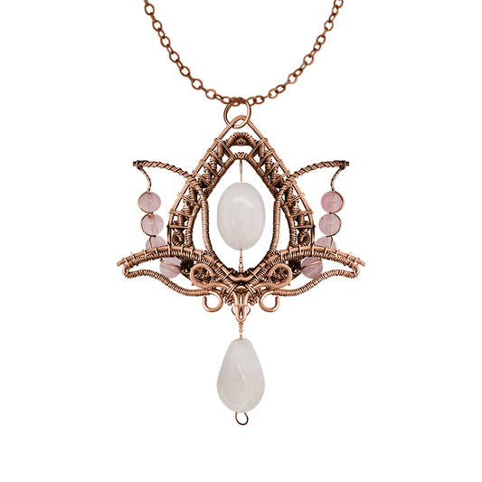 Filofly Handmade Rose Quartz Lotus Pendant Copper Rose Silver Wire Weaving and Wrapped Jewelry Natural Stone with 18 Necklace for women gift
