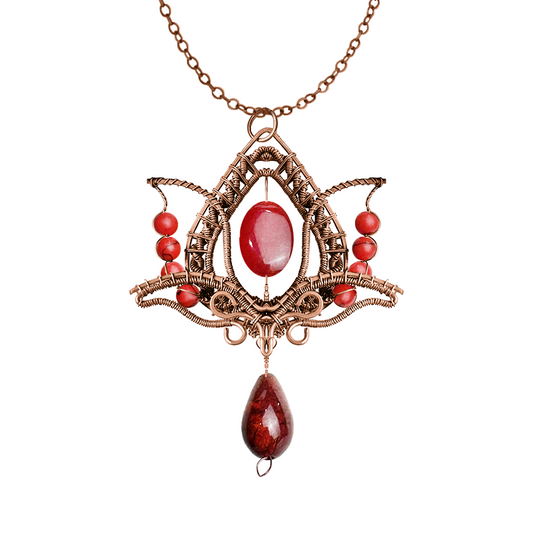 Filofly Handmade Red Jade Lotus Pendant Copper Rose Silver Wire Weaving and Wrapped Jewelry Natural Stone with 18 Necklace for women gift